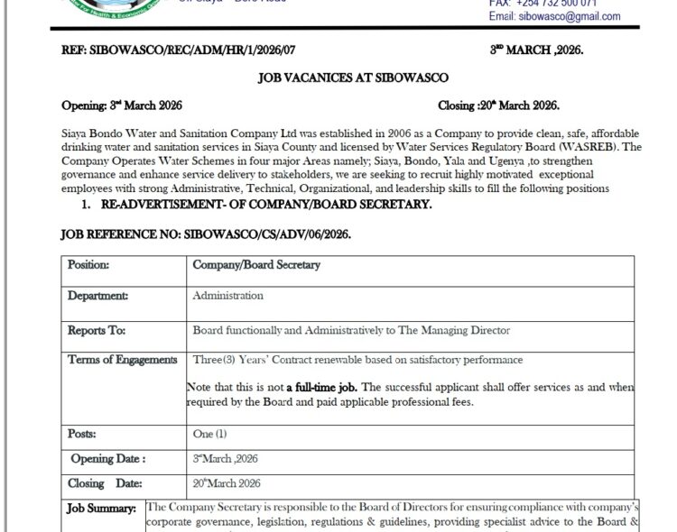 Job Vacancies at SIBOWASCO